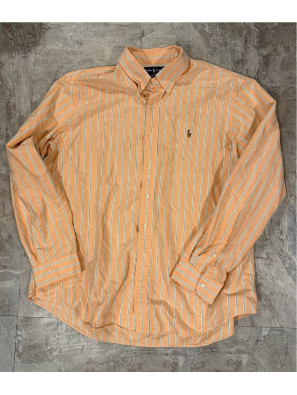 VTG Ralph Lauren Shirt Mens Orange White Striped Custom Fit Down Casual Logo XXL